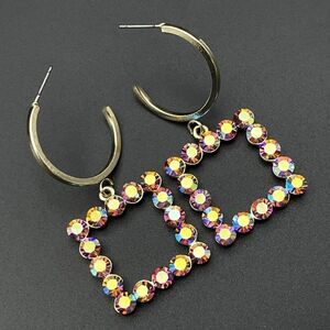 Yellow Gold with Iridescent AB Crystal Dangling Square and Hoop Post Earrings